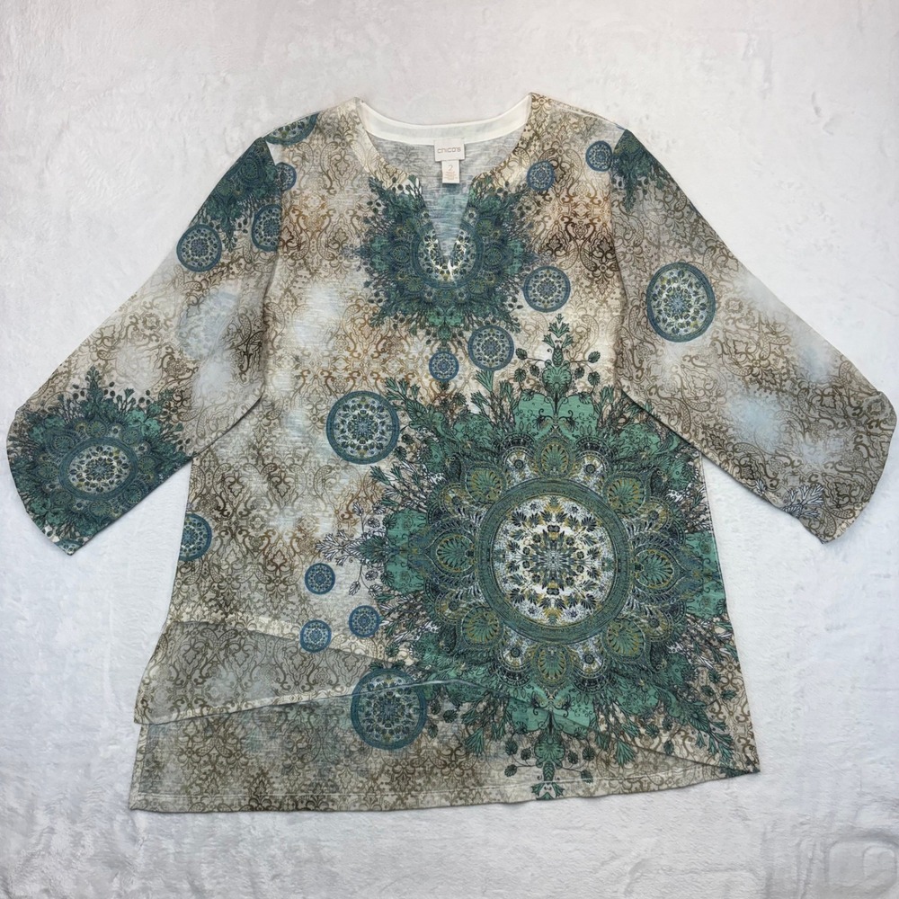 Chicos Teal Gold Mandala Medallion Tunic Top Asymmetrical Hem Size 2 Large